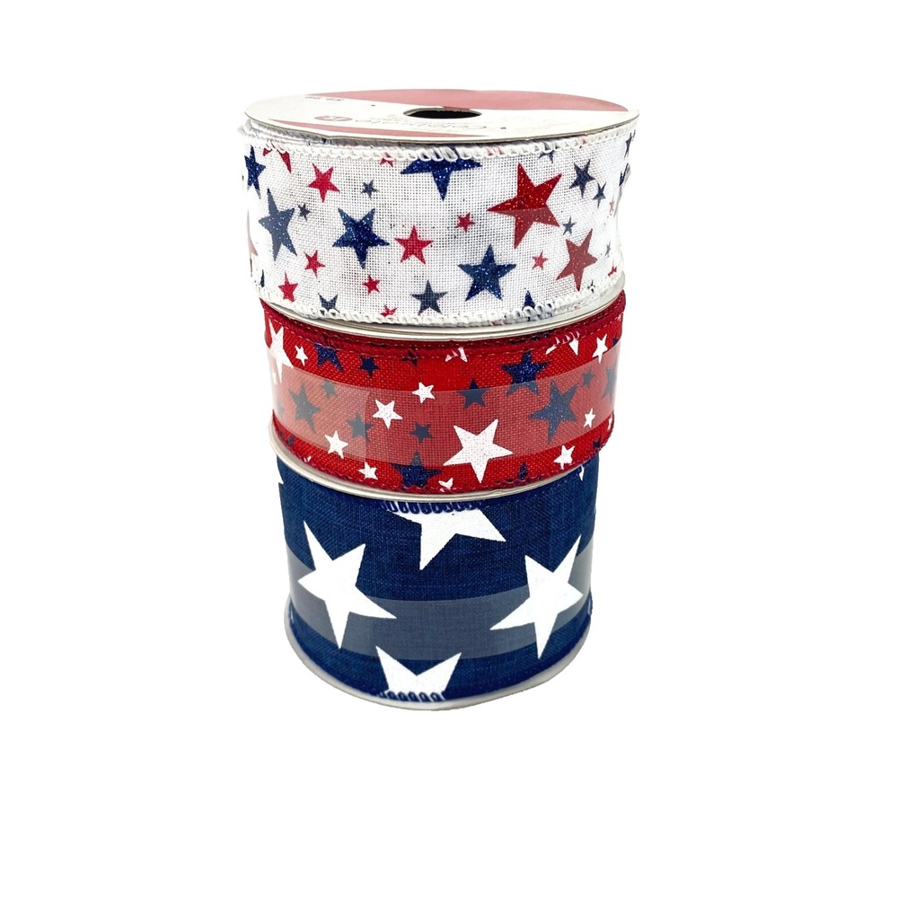 NEW Celebrate It Wired Ribbon Patriotic Stars 4th of July 3 Spools 25 Ft Each
